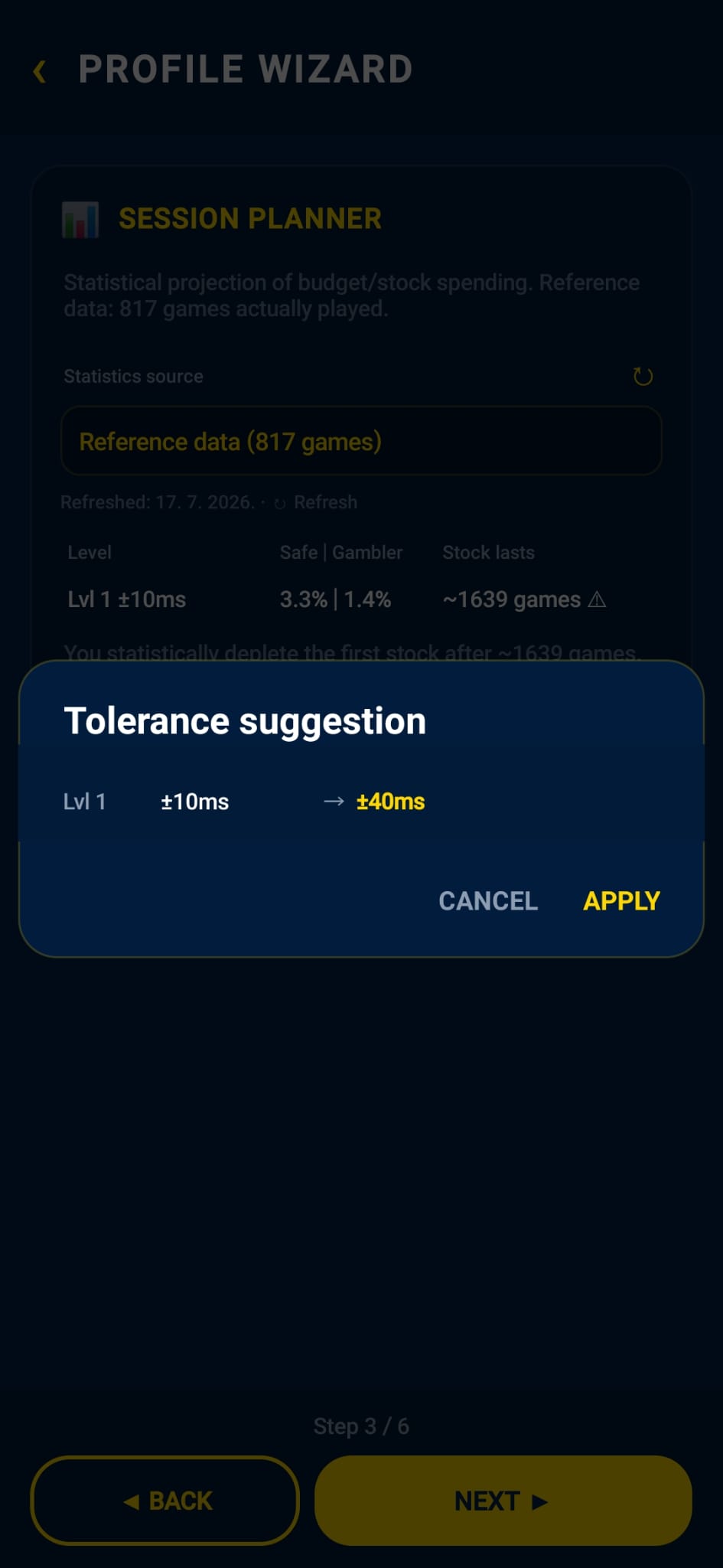 Planer sesije — prijedlog tolerancije / Session planner — tolerance suggestion